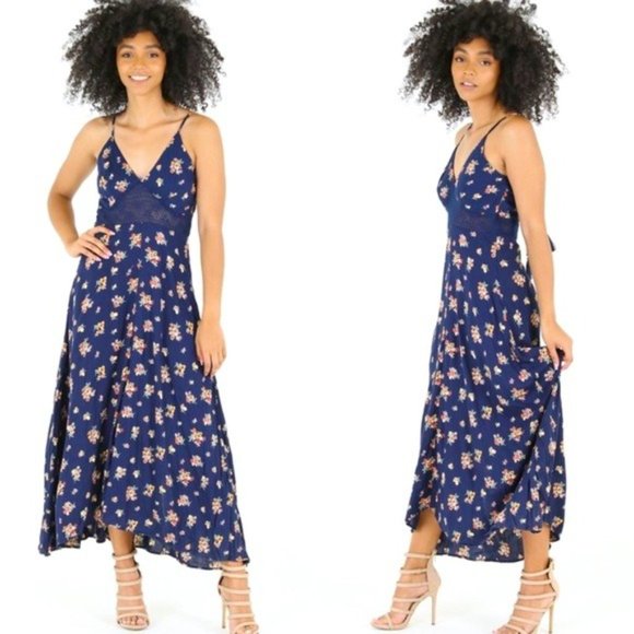 Blue Floral Mesh Detail Back Tie Midi Dress - Picture 2 of 2